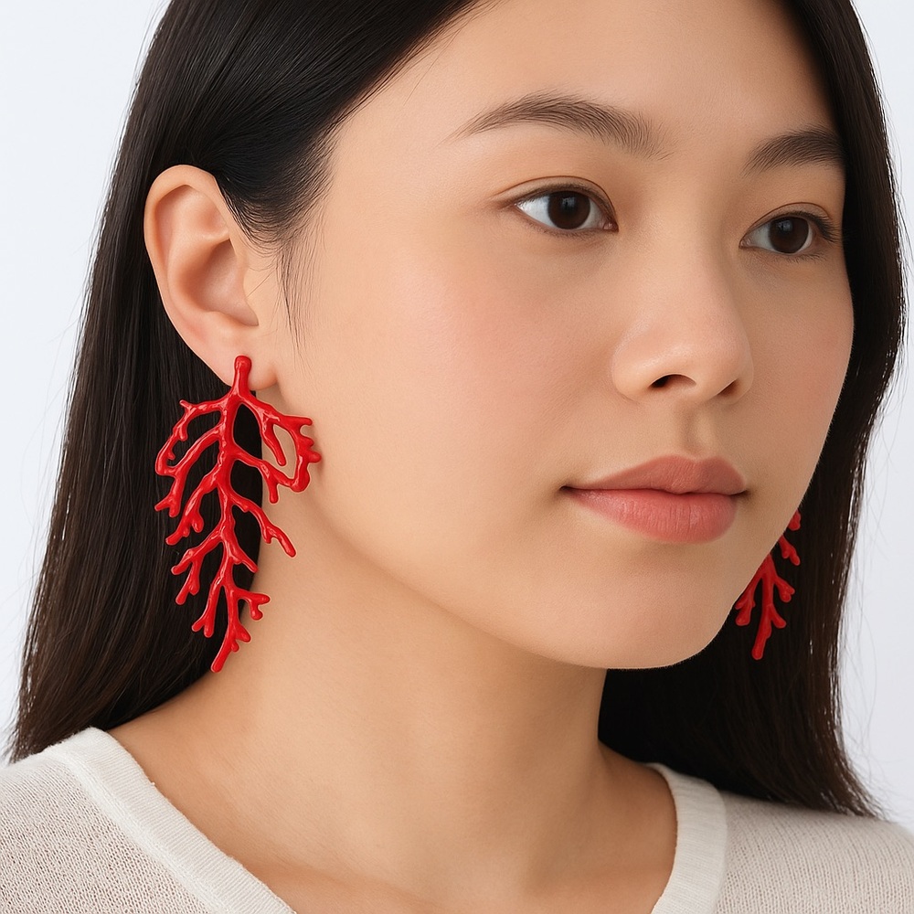 Red Coral Branch Earrings - Picture 4 of 8